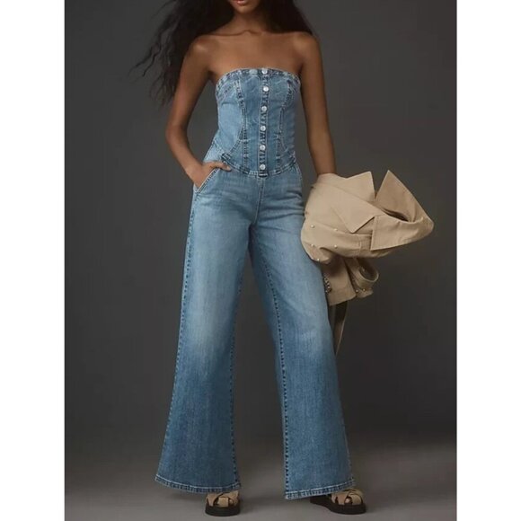 Pilcro Strapless Denim Corset Jumpsuit 10 - Picture 1 of 2